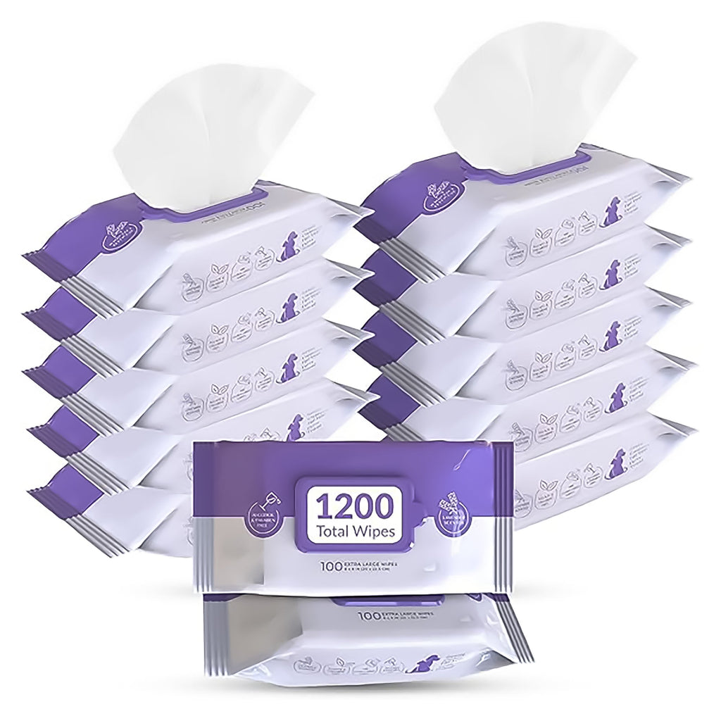 Pursonic Lavender Scented Pet Wipes – 12 Packs of 100 (1200 Total) Extra Large Wipes for Gentle Cleaning & Deodorizing